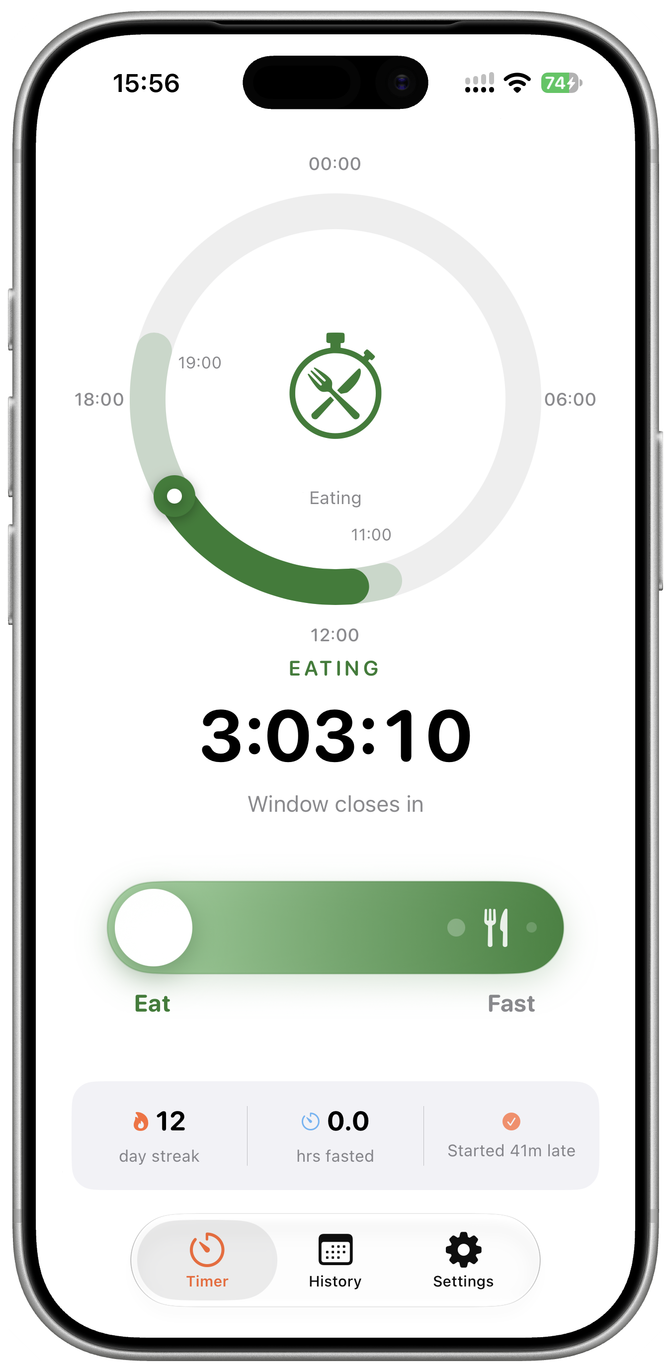 FastTempo on iPhone showing an eating window from 11:00 to 19:00, with 3:03:10 remaining at 15:56