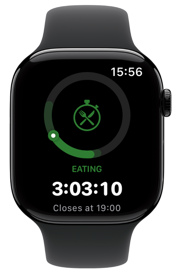FastTempo on Apple Watch showing Eating, 3:03:10 remaining, and a 19:00 close at 15:56
