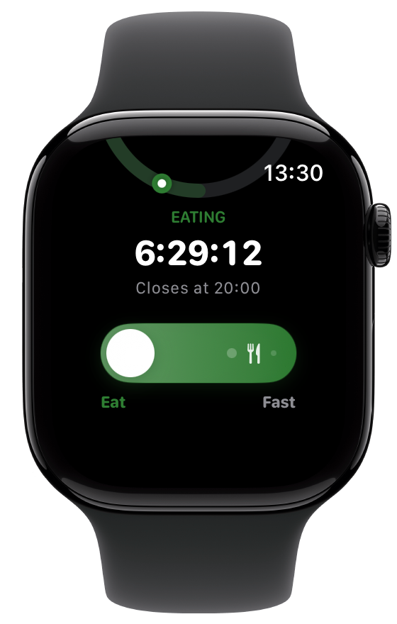 FastTempo on Apple Watch scrolled to the Eat/Fast button, with Eat selected, 6:29:12 remaining, and a 20:00 close