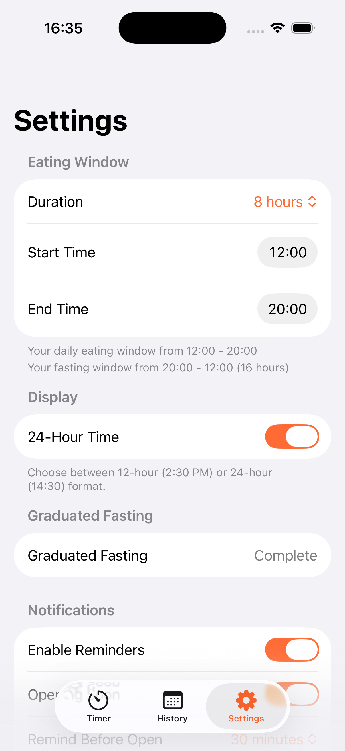 FastTempo Settings showing an eight-hour window from 12:00 to 20:00 and graduated fasting marked Complete