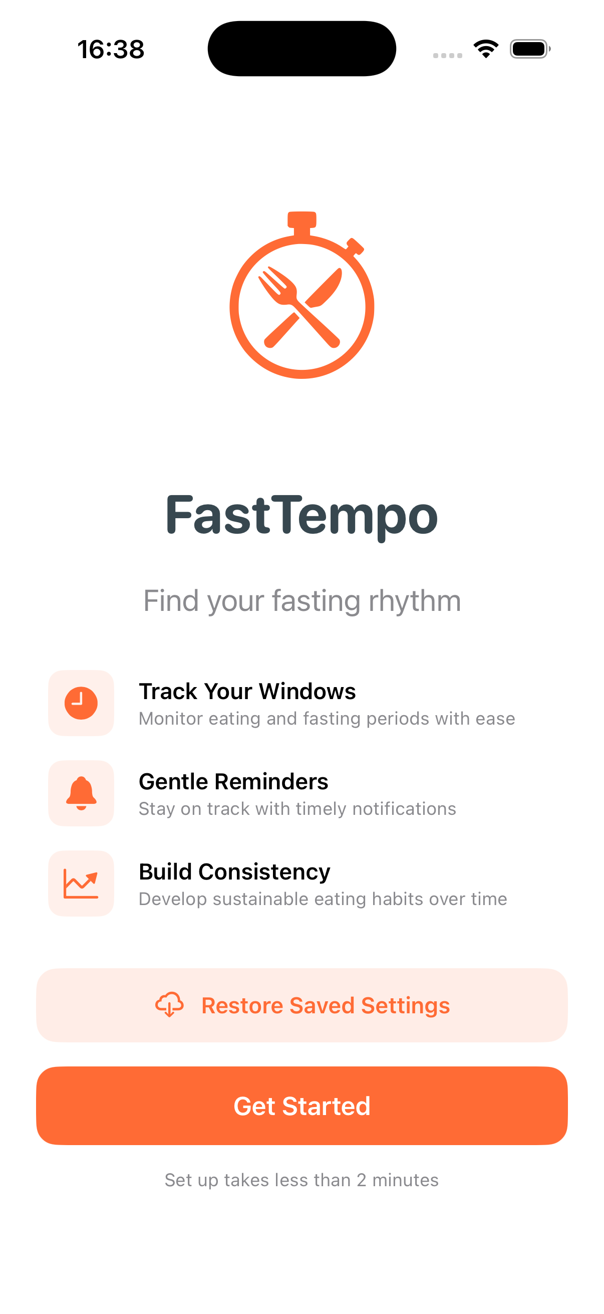 FastTempo welcome screen with Get Started and Restore Saved Settings controls