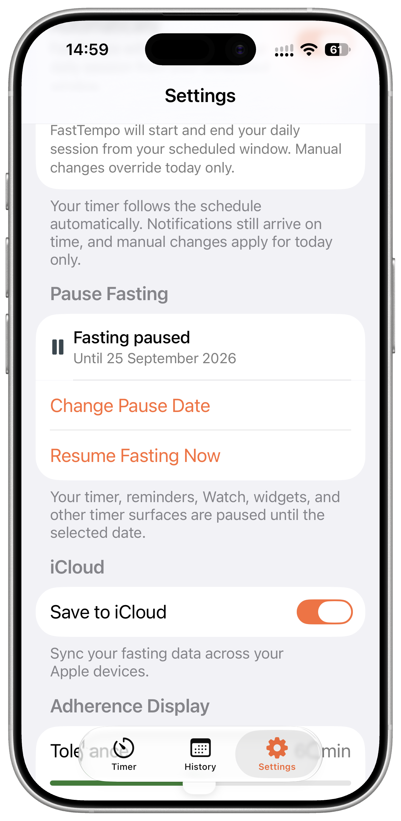 FastTempo Settings showing an active pause, its end date, and controls to change or end it