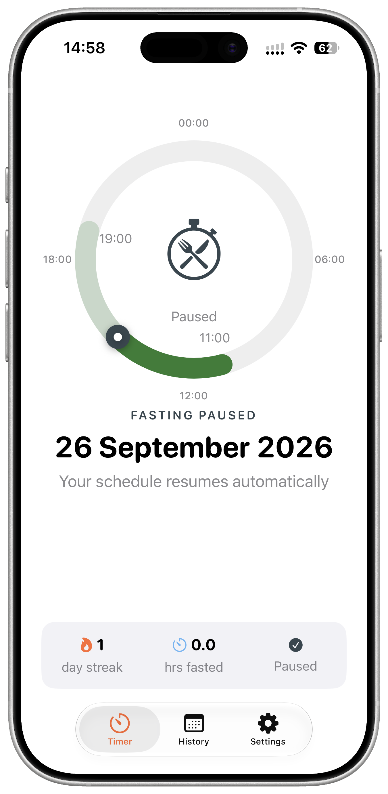 FastTempo timer showing Fasting Paused and the date the schedule will resume