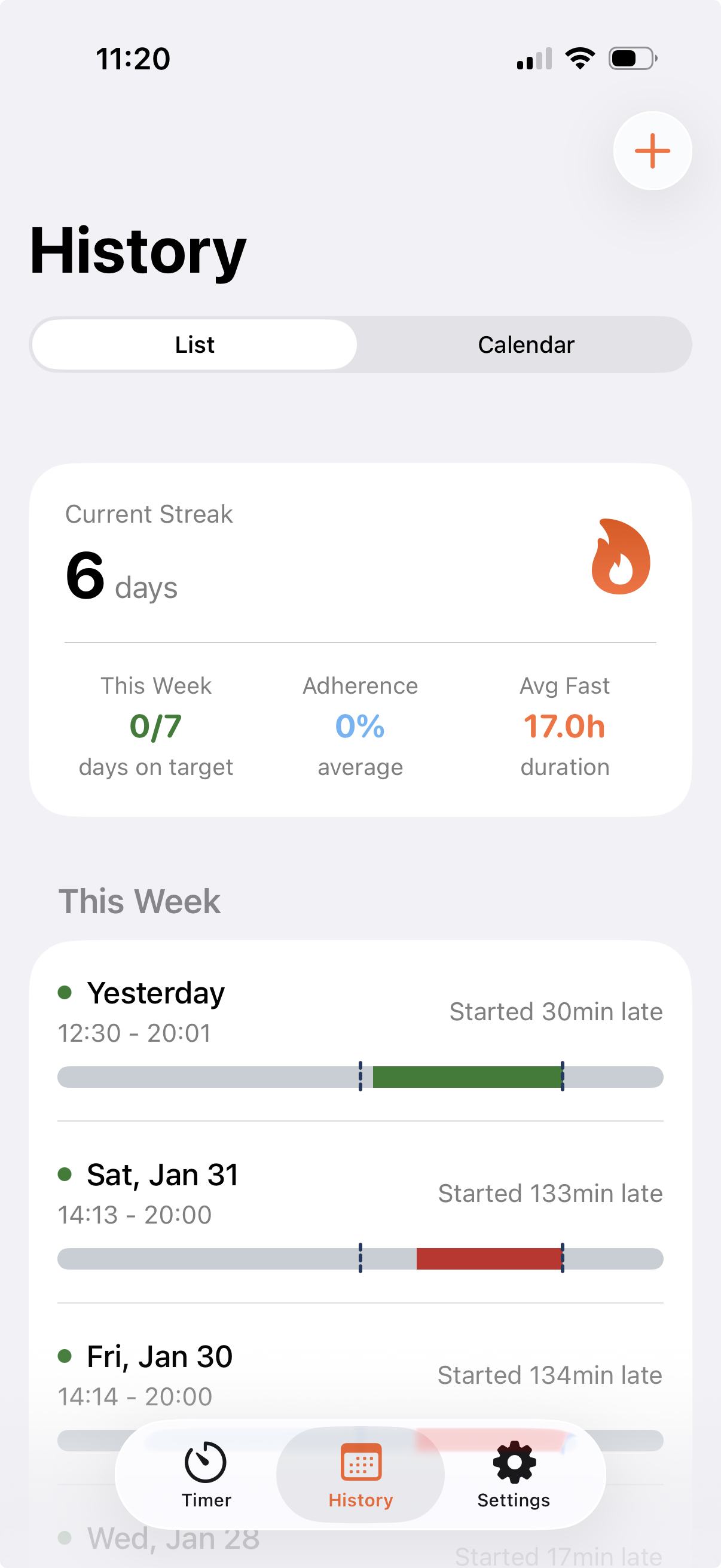 FastTempo history and streak tracking view